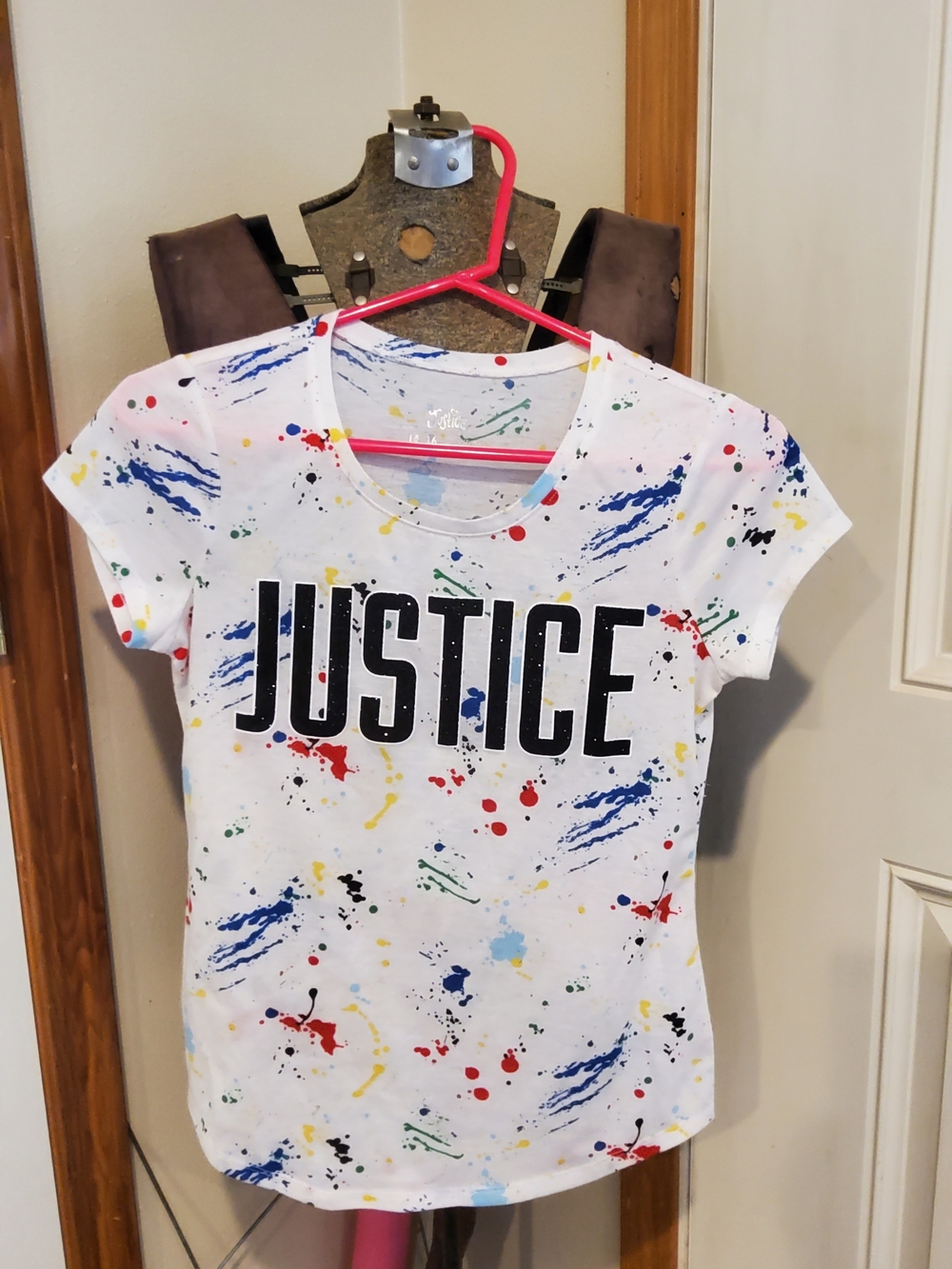 Justice White Graphic Tee with Multicolor Paint Splatter